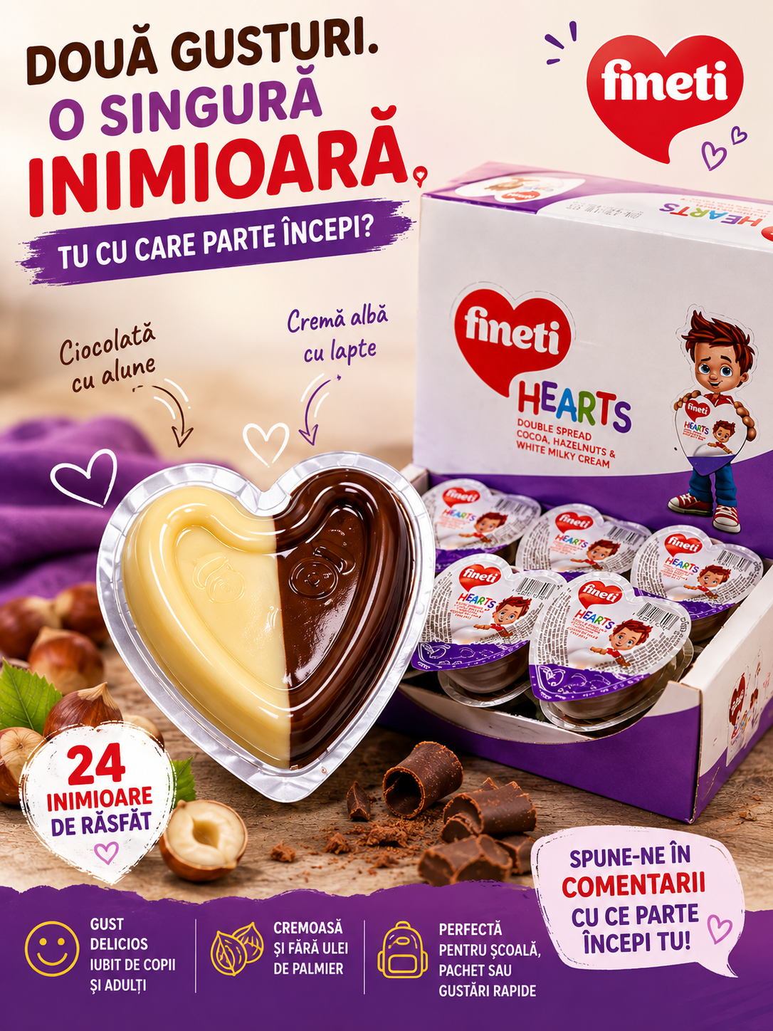 Fineti Hearts Double Spread – Cocoa, Hazelnut & White Milky Cream 24 x 19g