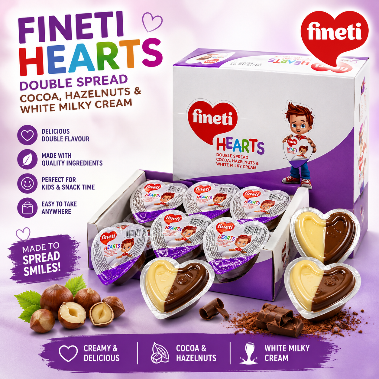 Fineti Hearts Double Spread – Cocoa, Hazelnut & White Milky Cream 24 x 19g